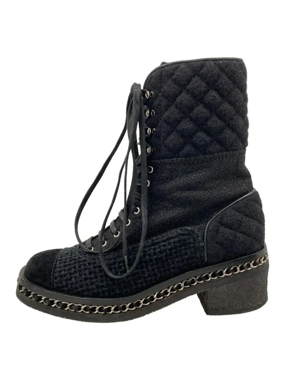 Chanel Short Boots 38 Black Lame Chain Wool